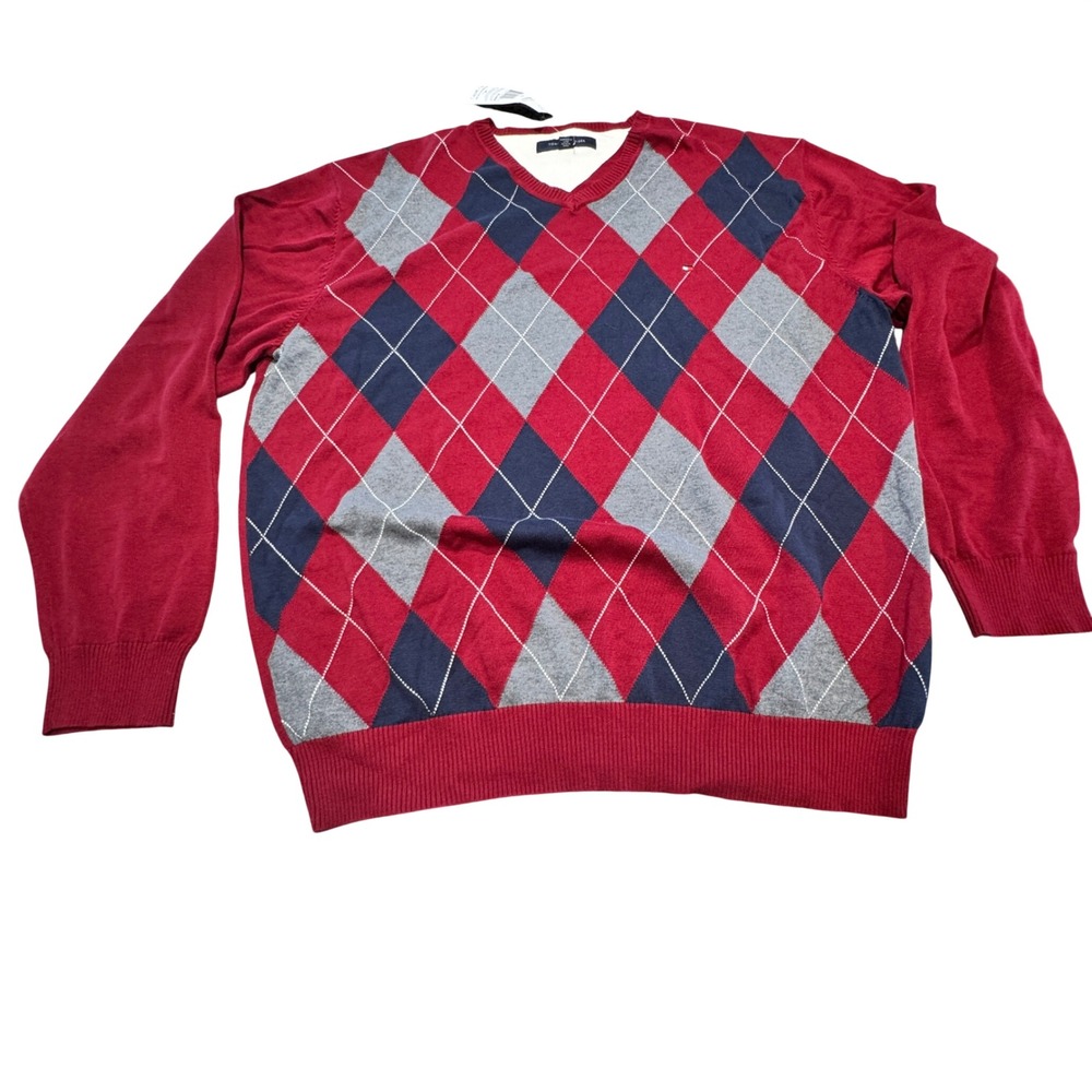 Tommy Hilfiger Argyle V Neck Sweater Mens XL Red Blue Grey Preppy Classic